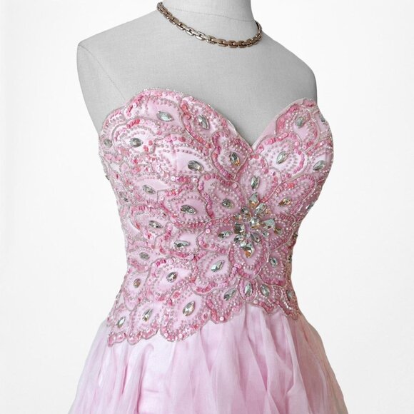 Vintage Pastel Pink Strapless Beaded Ruffle Fit Flared Formal Prom Dress Size M - Picture 6 of 8